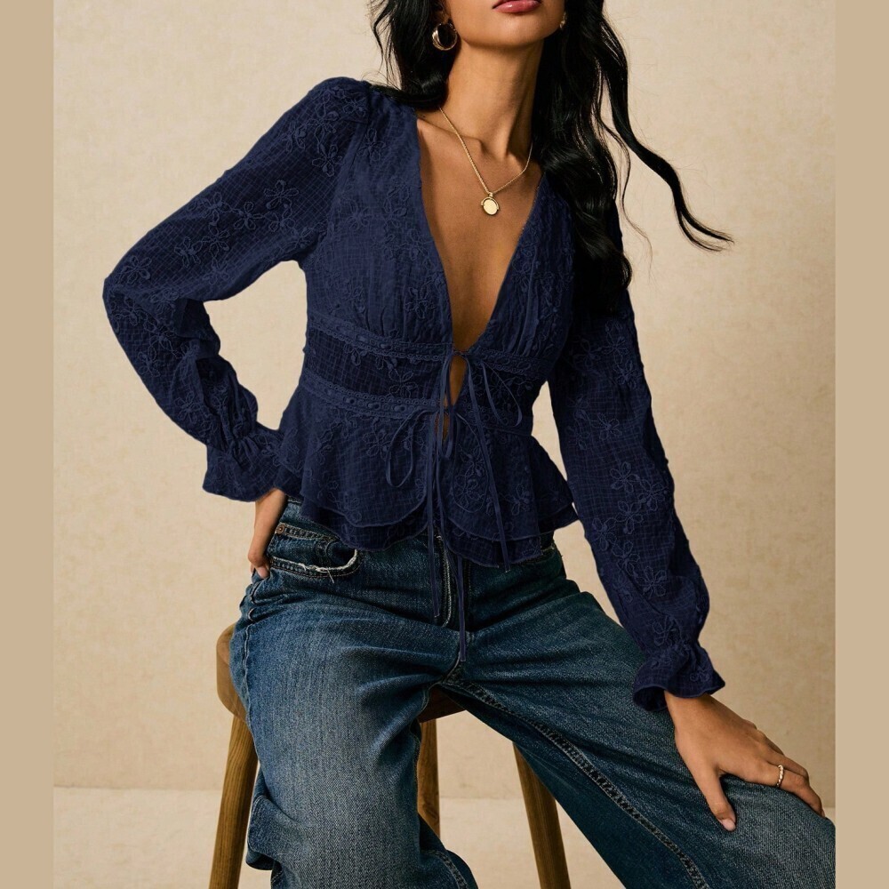 Navy Semi-sheer Embroidered Deep V-Neck Tie-Front Peplum Blouse - Picture 8 of 9
